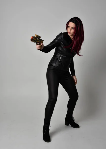 Full Length Portrait Girl Red Hair Wearing Black Leather Jacket — Stock Photo, Image