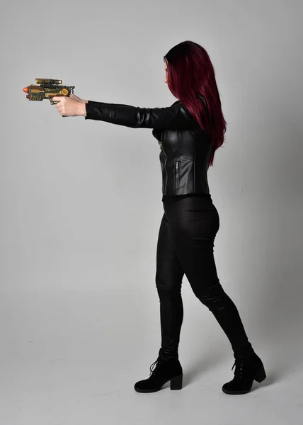 Full Length Portrait Girl Red Hair Wearing Black Leather Jacket — Stock Photo, Image