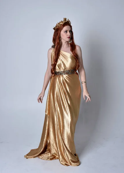 Full Length Portrait Girl Red Hair Wearing Long Grecian Toga — Stock Photo, Image