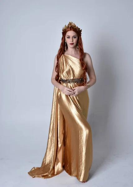 Full Length Portrait Girl Red Hair Wearing Long Grecian Toga — Stock Photo, Image