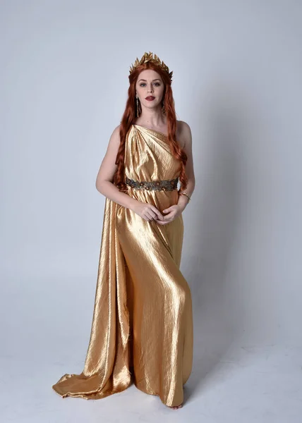 Full Length Portrait Girl Red Hair Wearing Long Grecian Toga — Stock Photo, Image