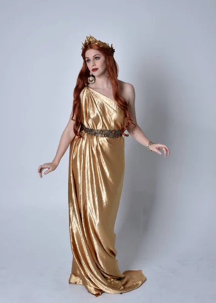 Full Length Portrait Girl Red Hair Wearing Long Grecian Toga — Stock Photo, Image