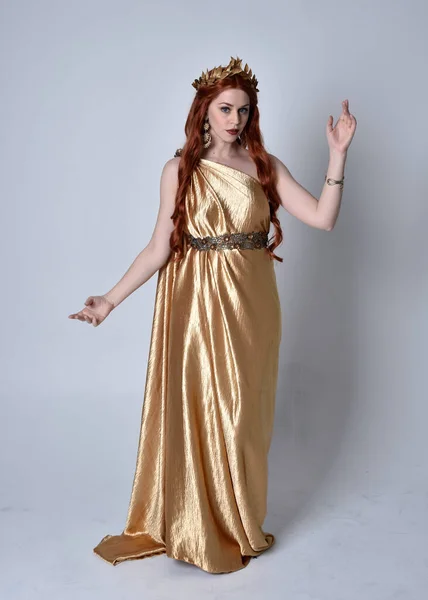 Full Length Portrait Girl Red Hair Wearing Long Grecian Toga — Stock Photo, Image