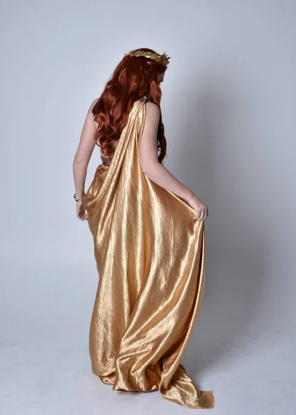 Dlouhý Portrét Dívky Rudými Vlasy Dlouhou Řeckou Tógou Zlatým Věncem — Stock fotografie