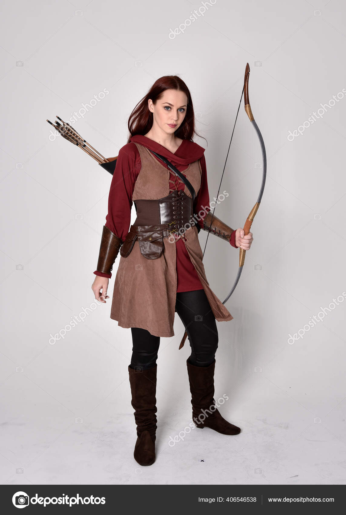Full Length Portrait Girl Red Hair Wearing Brown Medieval Archer Stock  Photo by ©faestock 406546538