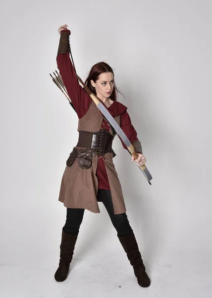 Full Length Portrait Girl Red Hair Wearing Brown Medieval Archer — Stock Photo, Image