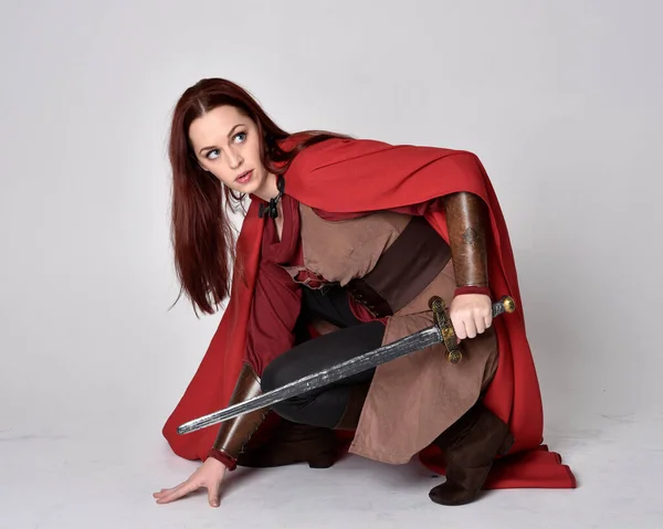 Full Length Portrait Girl Red Hair Wearing Medieval Costume Red — Stock Photo, Image