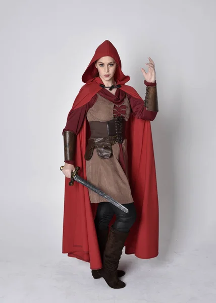 Full Length Portrait Girl Wearing Medieval Costume Red Cloak Standing — Stock Photo, Image