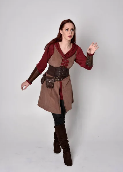 Full Length Portrait Girl Wearing Medieval Costume Standing Pose Holding — Stock Photo, Image