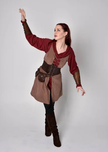 Full Length Portrait Girl Wearing Medieval Costume Standing Pose Holding — Stock Photo, Image