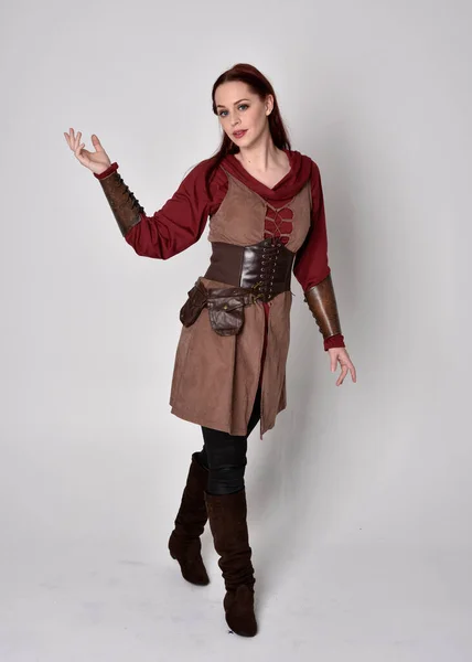 Full Length Portrait Girl Wearing Medieval Costume Standing Pose Holding — Stock Photo, Image
