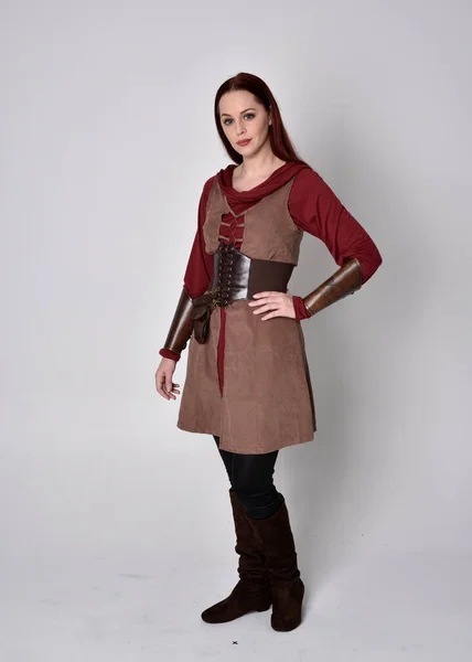 Full Length Portrait Girl Wearing Medieval Costume Standing Pose Holding — Stock Photo, Image