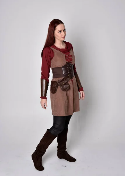 Full Length Portrait Girl Wearing Medieval Costume Standing Pose Holding — Stock Photo, Image