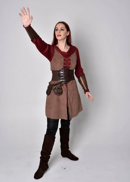 Full Length Portrait Girl Wearing Medieval Costume Standing Pose Holding — Stock Photo, Image