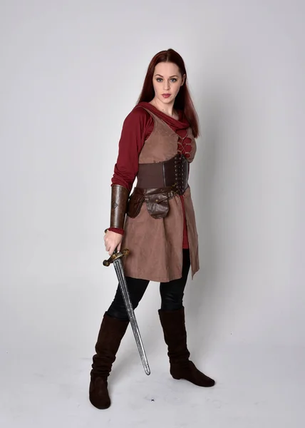 Full Length Portrait Girl Wearing Medieval Costume Standing Pose Holding — Stock Photo, Image