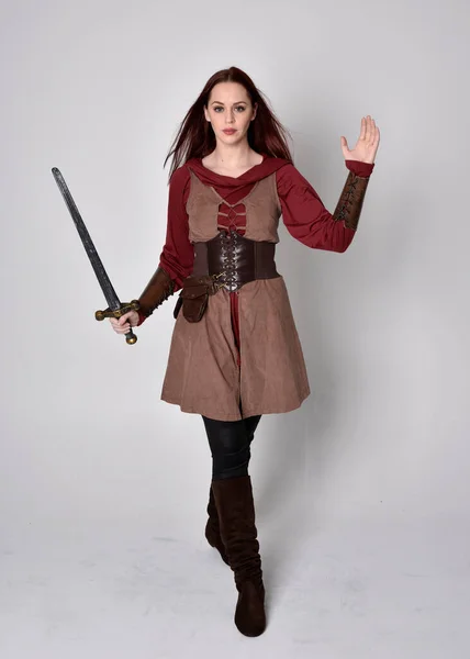 Full Length Portrait Girl Wearing Medieval Costume Standing Pose Holding — Stock Photo, Image