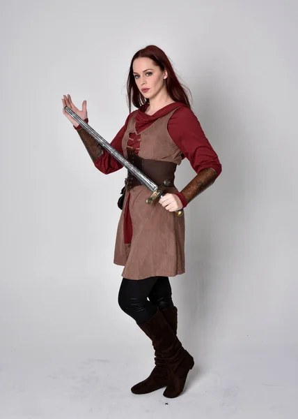 Full Length Portrait Girl Wearing Medieval Costume Standing Pose Holding — Stock Photo, Image