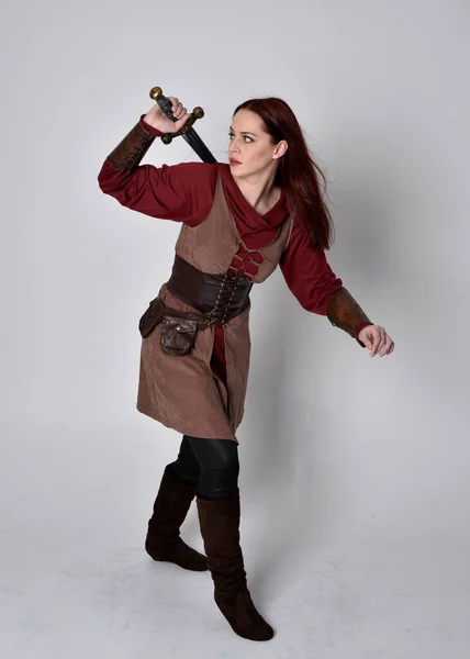 Full Length Portrait Girl Wearing Medieval Costume Standing Pose Holding — Stock Photo, Image