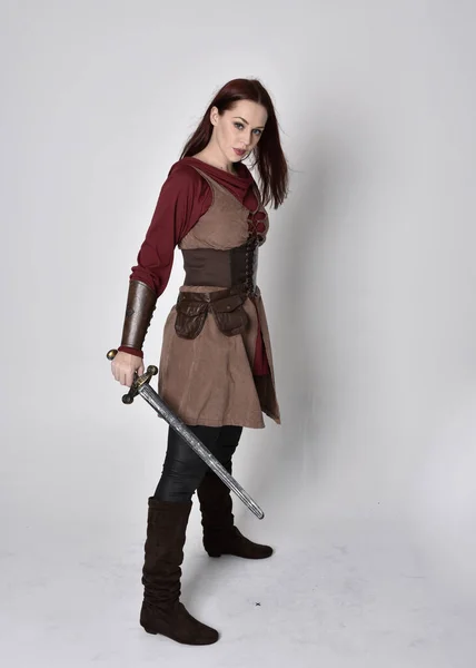 Full Length Portrait Girl Wearing Medieval Costume Standing Pose Holding — Stock Photo, Image