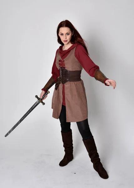 Full Length Portrait Girl Wearing Medieval Costume Standing Pose Holding — Stock Photo, Image