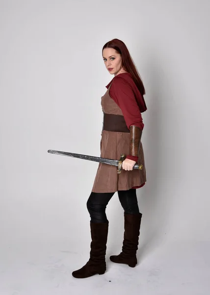 Full Length Portrait Girl Wearing Medieval Costume Standing Pose Holding — Stock Photo, Image