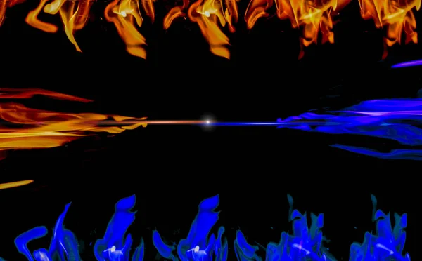 Orange Blue Flames Connected Burning Black Background — Stock Photo, Image