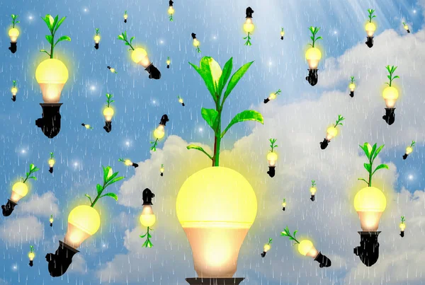 Yellow light bulb floating in the sky, trees growing on top, with energy saving concept and global warming.