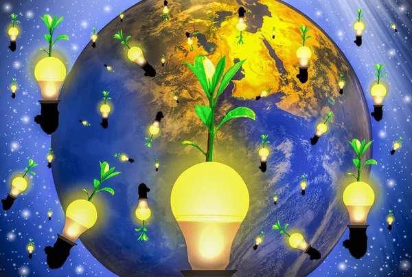 Yellow light bulbs in the sky, trees growing on top, with the world in the background, with the concept of energy saving and global warming, Elements of this image furnished by NASA.