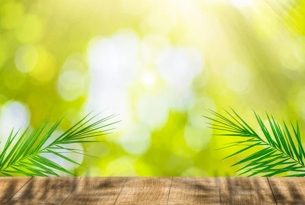 Wooden Balcony Palm Leaves Morning Sunshine Yellow Green Bokeh Background — Stock Photo, Image