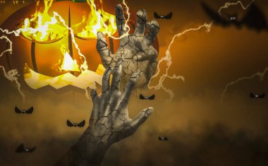 Cadılar Bayramı gecesi puslu, perili bir atmosfer, zombi eller ile korkutmak, Mezarlığı, yarasalar uçan ve yıldırım ile gökyüzü arka plan kabirde üzerinden Protruding cıvata, (medya manipülasyonu ve mix)