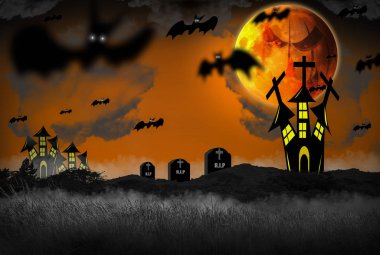 Cadılar Bayramı kavramı ile gece korku dolu sis ve kaleler ve graves ile haçlar, gökyüzü ve süper sarı ay dolu ve yarasalar, Web sitesi ve bize dekorasyon için dışarı sinek