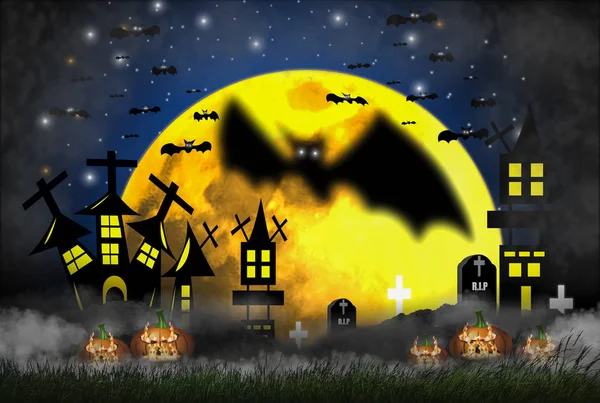 Halloween Concept Met Nachtelijke Horror Mist Gras Pompoen Brandende Vlammen — Stockfoto