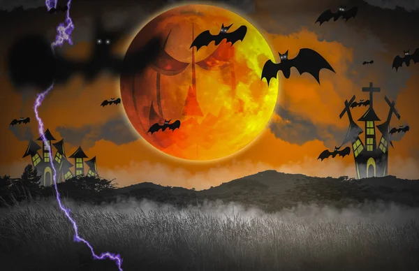 Halloween Koncepció Éjszaka Rémülten Kitöltött Köd Kastélyok Graves Keresztek Szuper — Stock Fotó