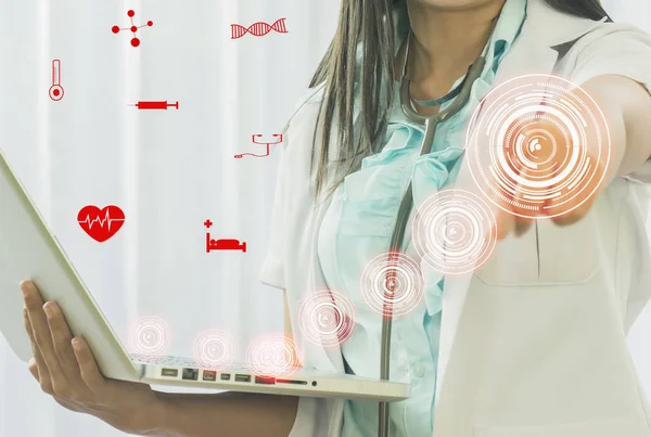 Portrait Female Doctor Standing Holding Laptop Using Touch Screen Medical — Stock Photo, Image