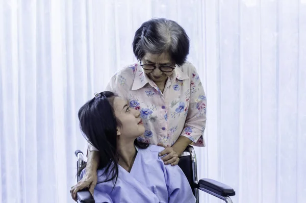 Mother Cares Daughter Accident Wheelchair Seat Hospital Rehabilitation — Stock Photo, Image