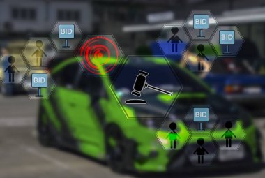 Online alışveriş, hologramın düğmesine dokunun select araba otomobil müşterilerinin internet üzerinden satın alma kolaylık soyut kavramı ile online pazar.