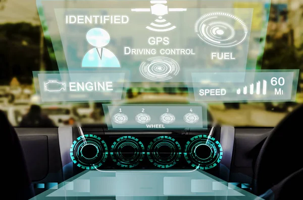 Futuristic Smart car (HUD) with cockpit in vehicle and Self-Driving mode car autopilot, Concept internet of thing (IOT) future car and alternative energy to help reduce Greenhouse effect.