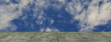 Panorama parlak gökyüzü bakış açısı afiş yatay panoramik tarzı Web, boş alanı ve vitrin ürünleri, kopya alanı için ahşap zemin ile teşvik etmek ve reklam iş.