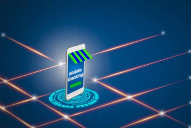 Tüm mali işlemlerin, kavram bankacılık ağı ve müşteri için online alışveriş için gelecekte, gelişmiş akıllı telefonlar için fütüristik mobil blanking bir şey (çok) yapay zeka teknolojisi ile internet.