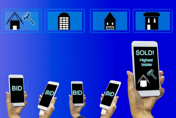 Женщина Держит Руках Смартфон Дисплеем Выигрышная Ставка Самого Высокого Покупателя — стоковое фото