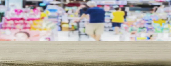 Mesas Supermercados Madera Borrosa Pancarta Panorámica Con Las Compras Los — Foto de Stock