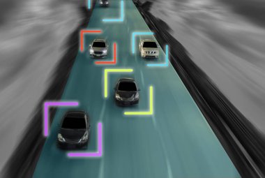 uturistic yol arabalar, yapay zeka sistemi, algılama hızı ile karayolu ve şehir ile gelecekteki araç emniyet ve kaza azaltma kavramını şehir hızda sürüş akıllı kendini dahi bir şey (çok innet)