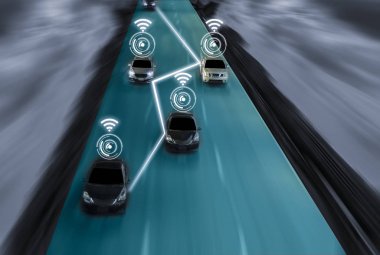 Araba otomobiller, yapay zeka sistemi, algılama nesneleri ve gelecekteki araç emniyet ve kaza azalma yolu ve city kavramı ile bir şey (çok internet ile araba, yanlış şerit değiştirme akıllı kendini dahi fütüristik yol