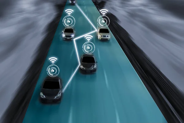 futuristic road of genius for intelligent self driving cars, Artificial Intelligence system,Detecting objects and changing wrong lanes of car,With concept of future vehicle safety and accident reduction in highway and city with internet of thing (IOT