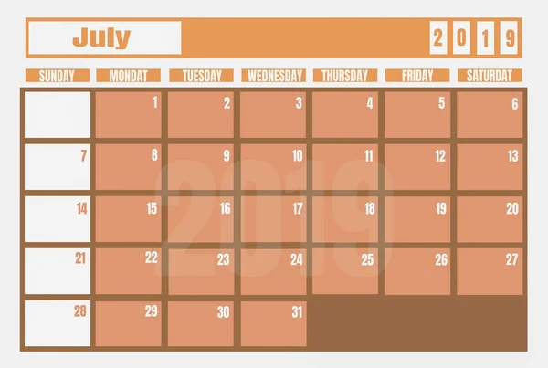 Calendar 2019 July year and planner for planning tasks and things. Contemporary, simple concept of pink and pastel color
