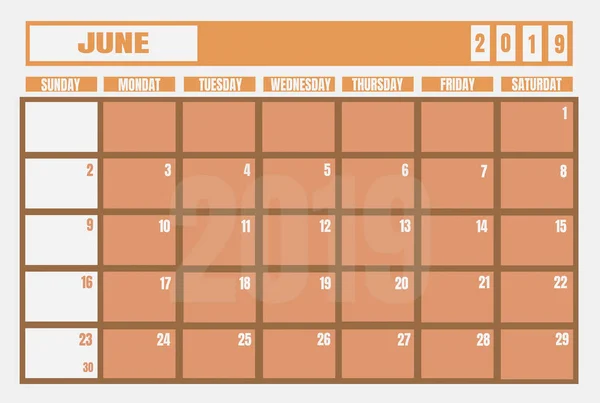 Calendar 2019 June year and planner for planning tasks and things. Contemporary, simple concept of pink and pastel color