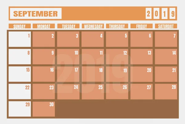 Calendario 2019 Septiembre Año Planificador Para Planificación Tareas Cosas Concepto — Foto de Stock