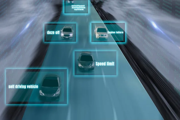 futuristic road of genius for intelligent self driving cars,Artificial Intelligence (AI) system, With fault detection and malfunction of car and drive system,With concept of future vehicle safety and accident reduction in highway and city with innet