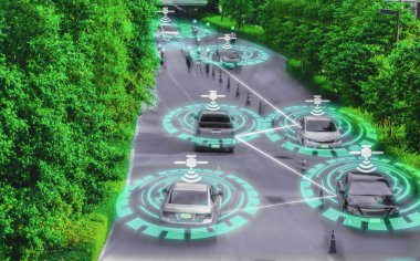Fütüristik akıllı araç dahi akıllı kendini sürüş, yapay zeka sistemi (AI), sinyal, kavram gelecekteki araç güvenliği sürücü Gps ile takip ve denetim sürüş kavramları 