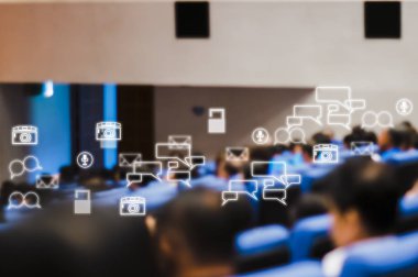 Arka toplantı iş katılıyor izleyici görünümünü seminer konferans salonundaki ile sosyal simgeler